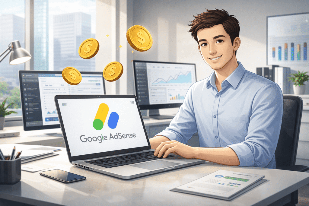 Joven profesional en oficina usando laptop con Google AdSense y gráficos de ingresos