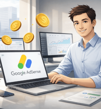 Joven profesional en oficina usando laptop con Google AdSense y gráficos de ingresos