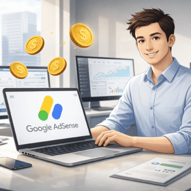 Joven profesional en oficina usando laptop con Google AdSense y gráficos de ingresos