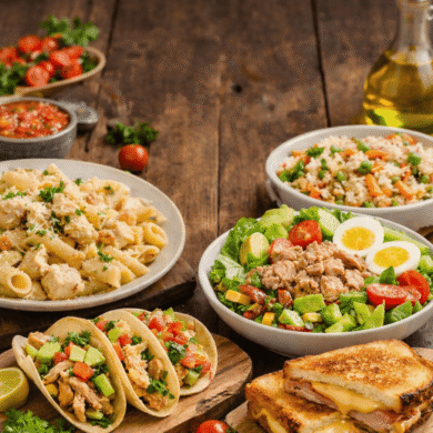 Plato de pasta cremosa con pollo, tacos de pollo, ensalada de atún y sándwich caliente, recetas rápidas para cenar en 15 minutos