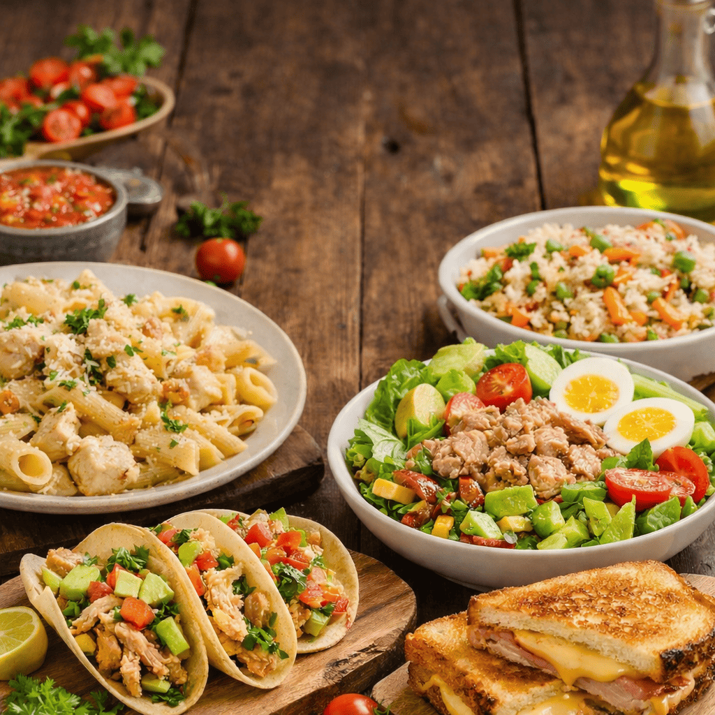 Plato de pasta cremosa con pollo, tacos de pollo, ensalada de atún y sándwich caliente, recetas rápidas para cenar en 15 minutos