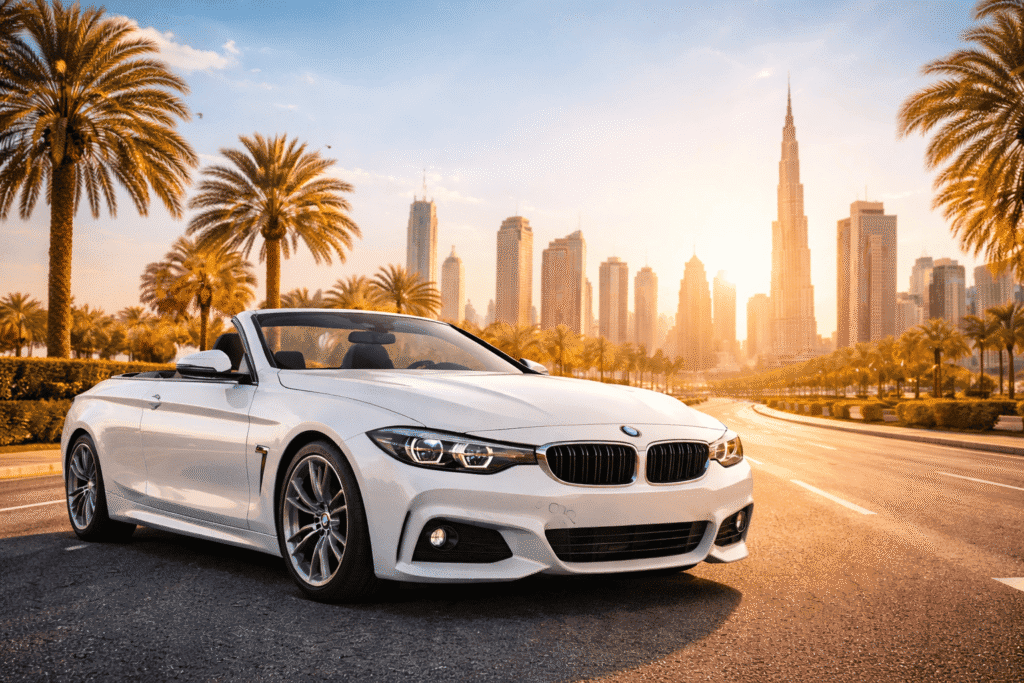 Coche moderno estacionado en una carretera de Dubái con el skyline y el Burj Khalifa al fondo durante el atardecer, ilustrando alquiler de coche en Dubái.
