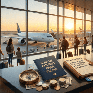Persona organizando un presupuesto de viaje con mapas, billetes y calculadora para ahorrar dinero y planificar un viaje.