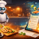 Cocina moderna con ingredientes frescos sobre la encimera y una tablet mostrando una receta generada por inteligencia artificial, destacando el uso de recetas con IA.