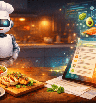 Cocina moderna con ingredientes frescos sobre la encimera y una tablet mostrando una receta generada por inteligencia artificial, destacando el uso de recetas con IA.