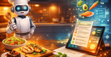 Cocina moderna con ingredientes frescos sobre la encimera y una tablet mostrando una receta generada por inteligencia artificial, destacando el uso de recetas con IA.