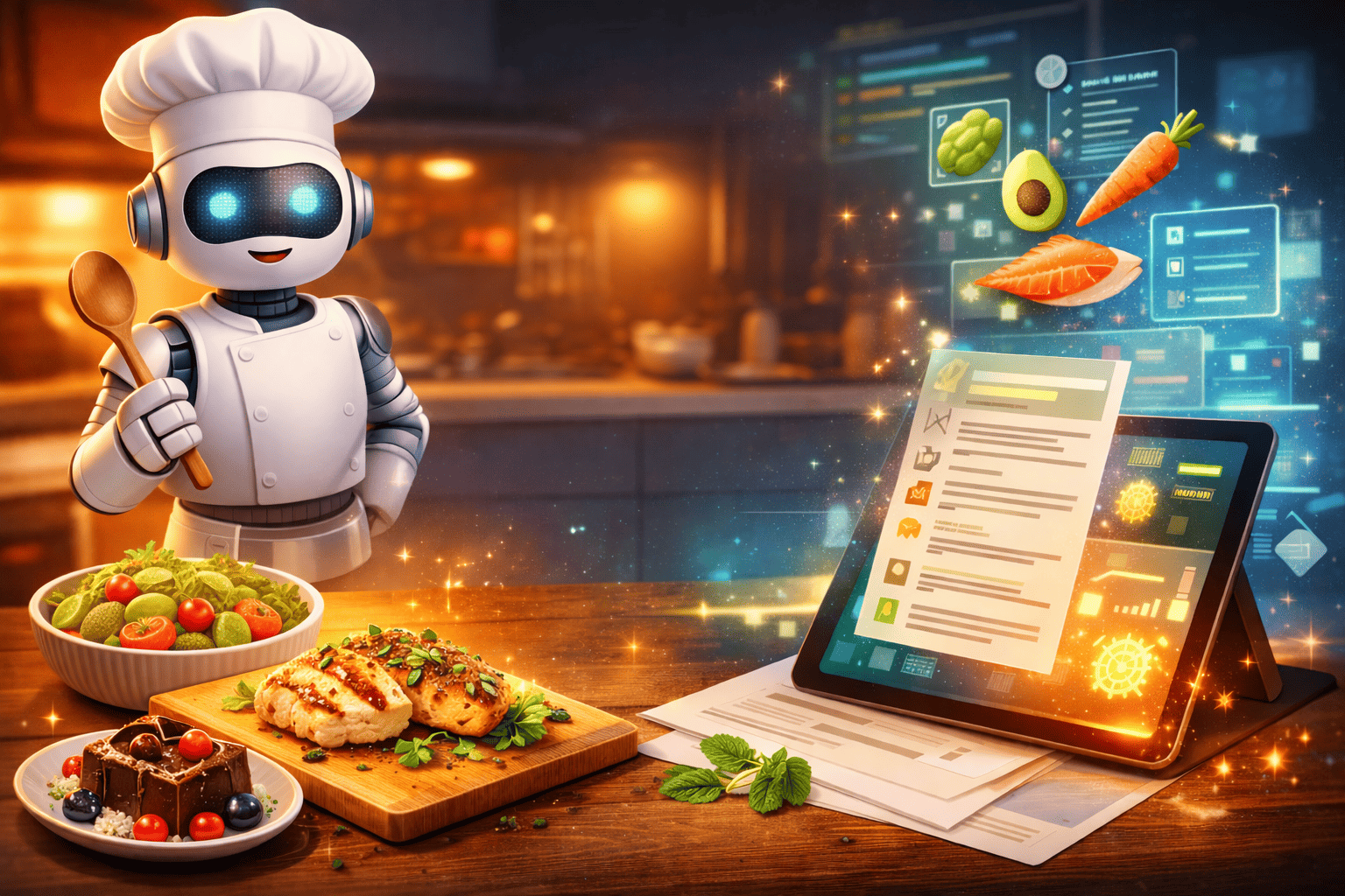 Cocina moderna con ingredientes frescos sobre la encimera y una tablet mostrando una receta generada por inteligencia artificial, destacando el uso de recetas con IA.