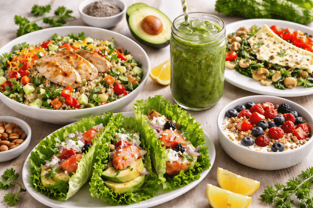 Plato saludable para bajar de peso con ensalada de quinoa, pollo a la plancha, tacos de lechuga con salmón, smoothie verde y yogur con frutos rojos.