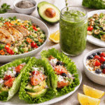 Plato saludable para bajar de peso con ensalada de quinoa, pollo a la plancha, tacos de lechuga con salmón, smoothie verde y yogur con frutos rojos.