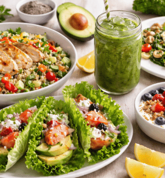 Plato saludable para bajar de peso con ensalada de quinoa, pollo a la plancha, tacos de lechuga con salmón, smoothie verde y yogur con frutos rojos.