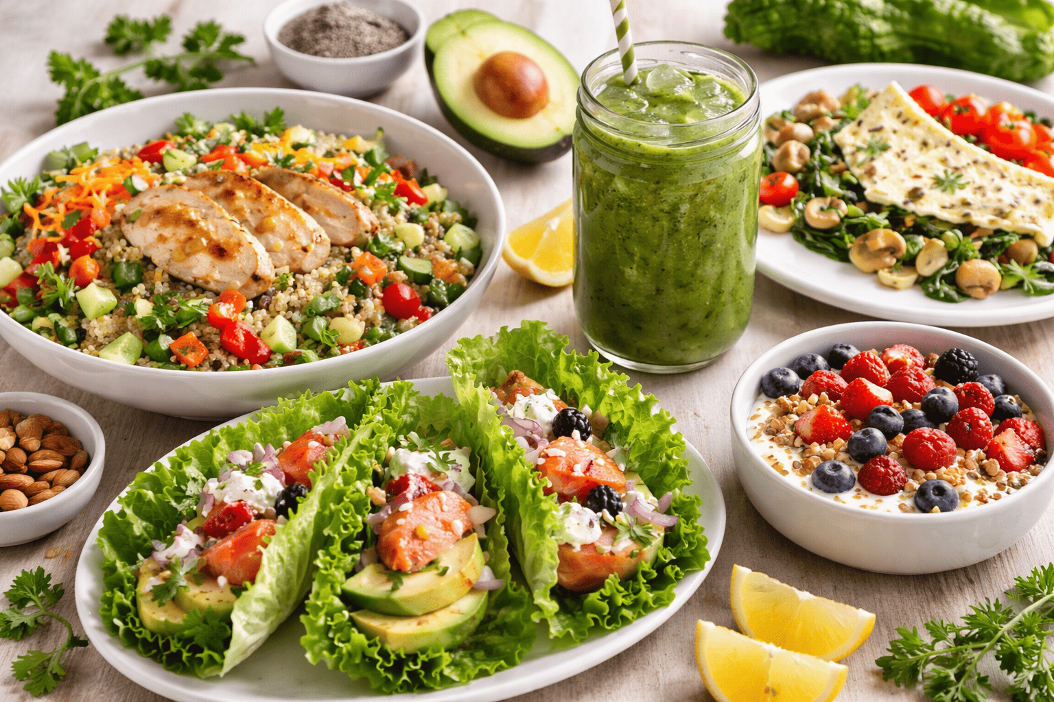 Plato saludable para bajar de peso con ensalada de quinoa, pollo a la plancha, tacos de lechuga con salmón, smoothie verde y yogur con frutos rojos.
