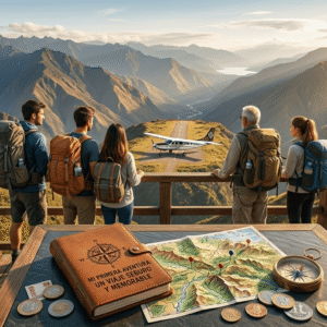 Equipaje listo para un primer viaje con mapa y documentos de viaje organizados