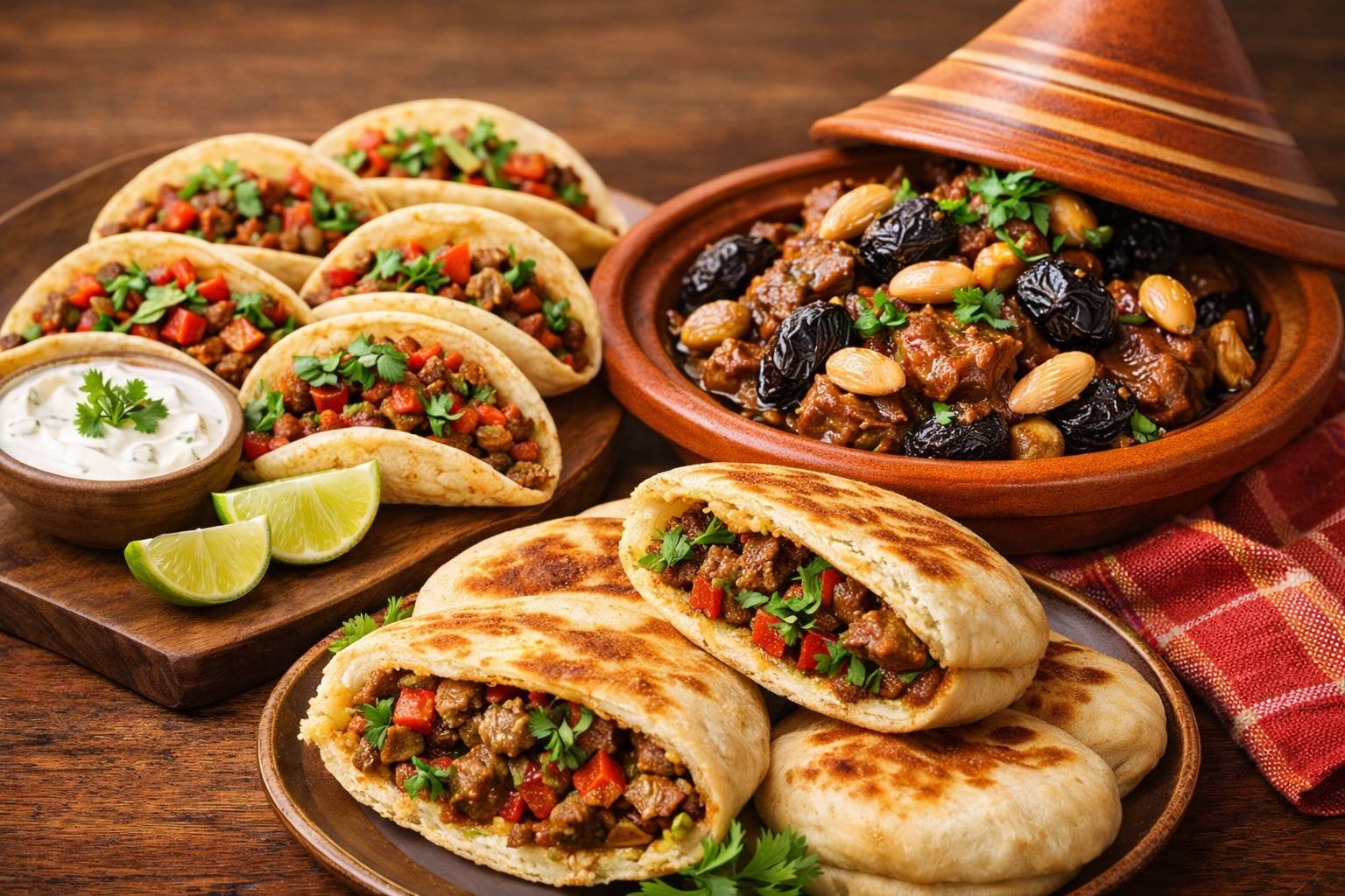 Recetas fáciles para Ramadan: mini tacos, batbot relleno y tajín de carne con ciruelas, presentación gastronómica profesional