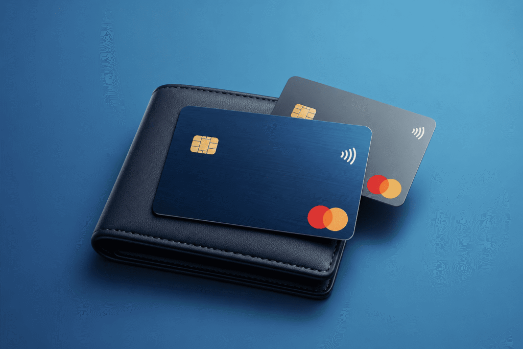 Imagen conceptual de tarjetas de crédito modernas y una cartera sobre fondo azul, representando tarjetas de crédito sin comisiones en España 2026