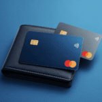 Imagen conceptual de tarjetas de crédito modernas y una cartera sobre fondo azul, representando tarjetas de crédito sin comisiones en España 2026