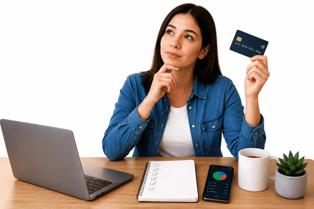 Joven analizando su primera tarjeta de crédito mientras organiza sus finanzas personales en un escritorio moderno