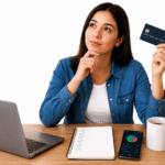 Joven analizando su primera tarjeta de crédito mientras organiza sus finanzas personales en un escritorio moderno
