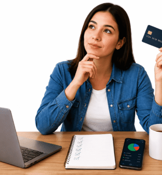 Joven analizando su primera tarjeta de crédito mientras organiza sus finanzas personales en un escritorio moderno