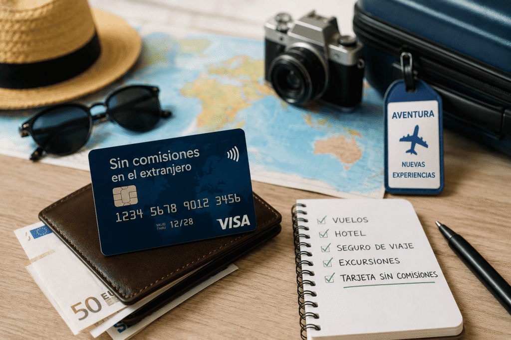 Tarjeta de crédito para viajes internacionales junto a accesorios de viaje sobre una mesa con mapa y maleta.