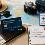 Tarjeta de crédito para viajes internacionales junto a accesorios de viaje sobre una mesa con mapa y maleta.