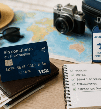 Tarjeta de crédito para viajes internacionales junto a accesorios de viaje sobre una mesa con mapa y maleta.