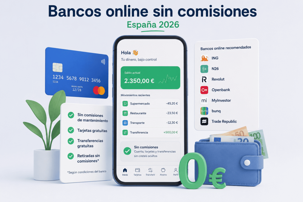 Ilustración de banca digital con móvil mostrando una app de banco online sin comisiones en España 2026