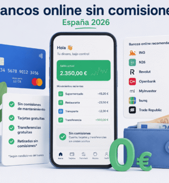 Ilustración de banca digital con móvil mostrando una app de banco online sin comisiones en España 2026