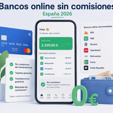Ilustración de banca digital con móvil mostrando una app de banco online sin comisiones en España 2026