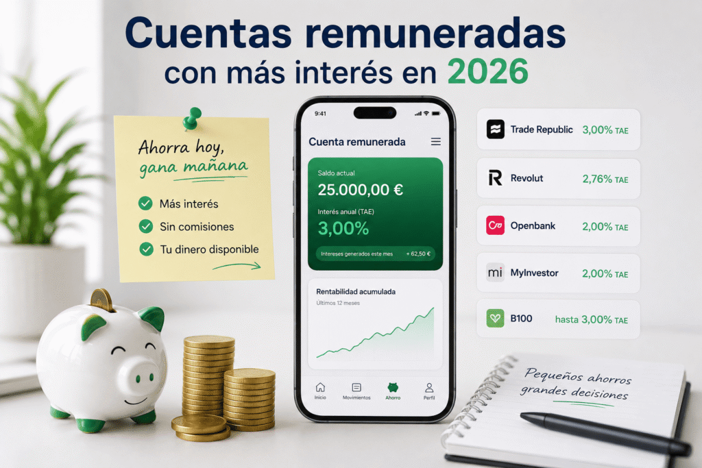 Ilustración de cuenta remunerada con aplicación bancaria móvil, monedas y ahorro digital en 2026