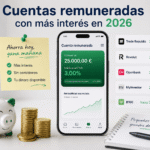 Ilustración de cuenta remunerada con aplicación bancaria móvil, monedas y ahorro digital en 2026