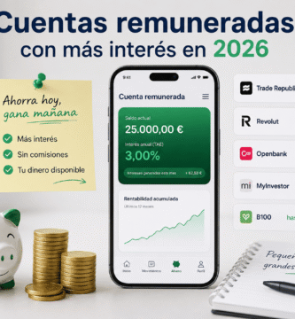 Ilustración de cuenta remunerada con aplicación bancaria móvil, monedas y ahorro digital en 2026