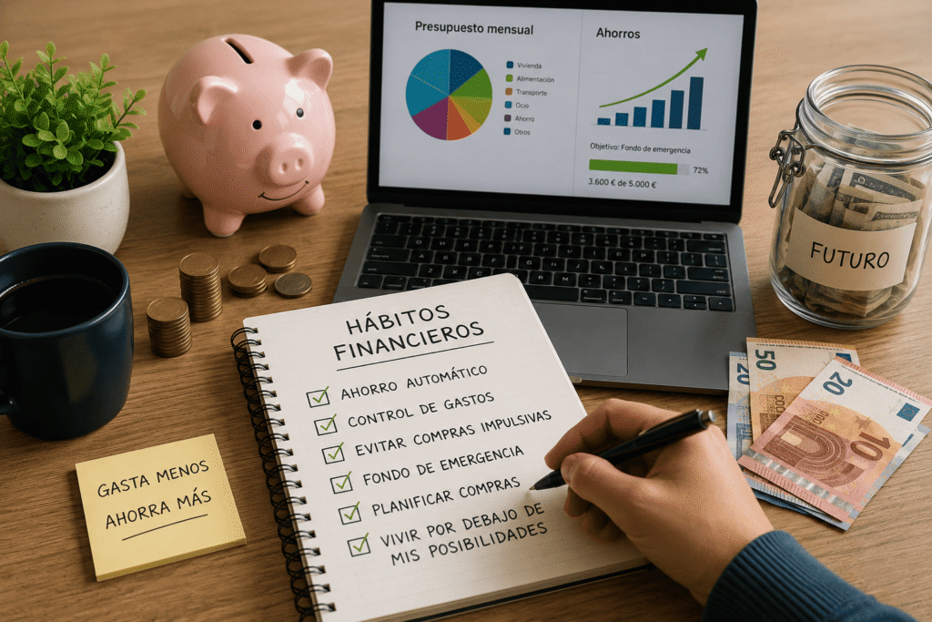 Escritorio con elementos de ahorro y finanzas personales, incluyendo una hucha rosa, monedas, portátil y libreta de hábitos financieros