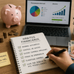 Escritorio con elementos de ahorro y finanzas personales, incluyendo una hucha rosa, monedas, portátil y libreta de hábitos financieros