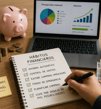 Escritorio con elementos de ahorro y finanzas personales, incluyendo una hucha rosa, monedas, portátil y libreta de hábitos financieros