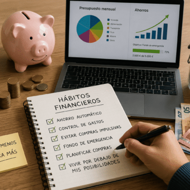 Escritorio con elementos de ahorro y finanzas personales, incluyendo una hucha rosa, monedas, portátil y libreta de hábitos financieros