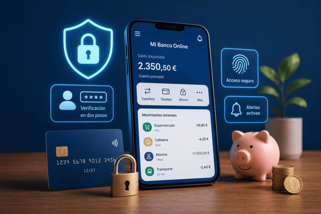 Aplicación de banco online segura en un móvil con iconos de protección digital, tarjeta bancaria y hucha de ahorro.