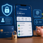 Aplicación de banco online segura en un móvil con iconos de protección digital, tarjeta bancaria y hucha de ahorro.