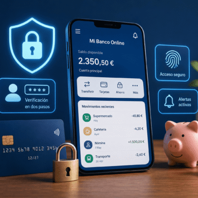 Aplicación de banco online segura en un móvil con iconos de protección digital, tarjeta bancaria y hucha de ahorro.