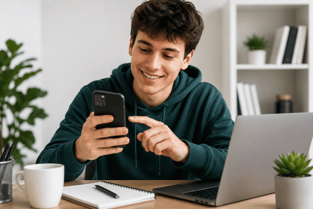 joven revisando cuentas bancarias sin comisiones desde el móvil