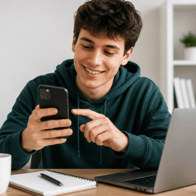 joven revisando cuentas bancarias sin comisiones desde el móvil