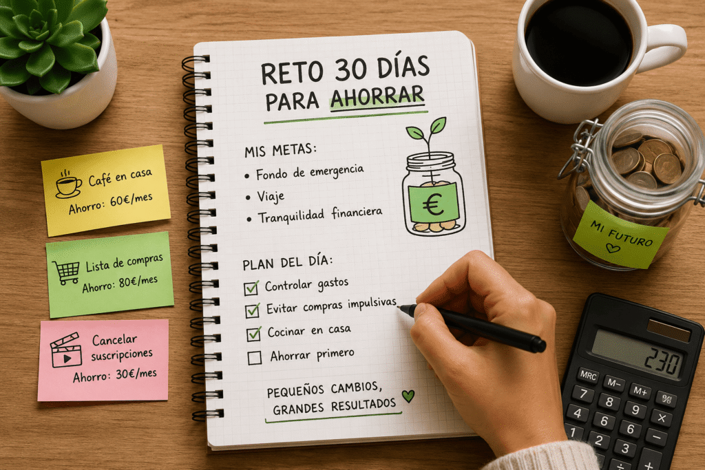 Persona organizando un reto de ahorro de 30 días con libreta, calculadora, café y monedas sobre una mesa de madera.