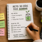 Persona organizando un reto de ahorro de 30 días con libreta, calculadora, café y monedas sobre una mesa de madera.