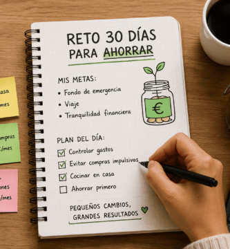 Persona organizando un reto de ahorro de 30 días con libreta, calculadora, café y monedas sobre una mesa de madera.