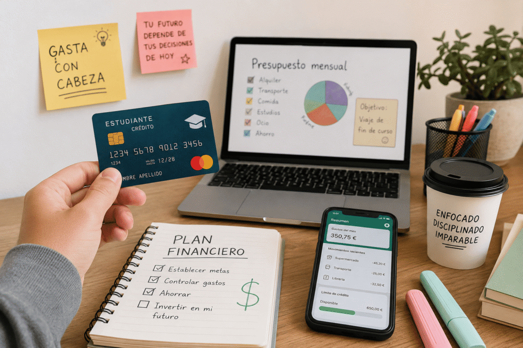 Estudiante universitario en España usando una tarjeta de crédito mientras organiza sus finanzas desde un portátil en una cafetería moderna.
