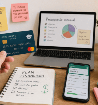 Estudiante universitario en España usando una tarjeta de crédito mientras organiza sus finanzas desde un portátil en una cafetería moderna.