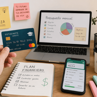 Estudiante universitario en España usando una tarjeta de crédito mientras organiza sus finanzas desde un portátil en una cafetería moderna.