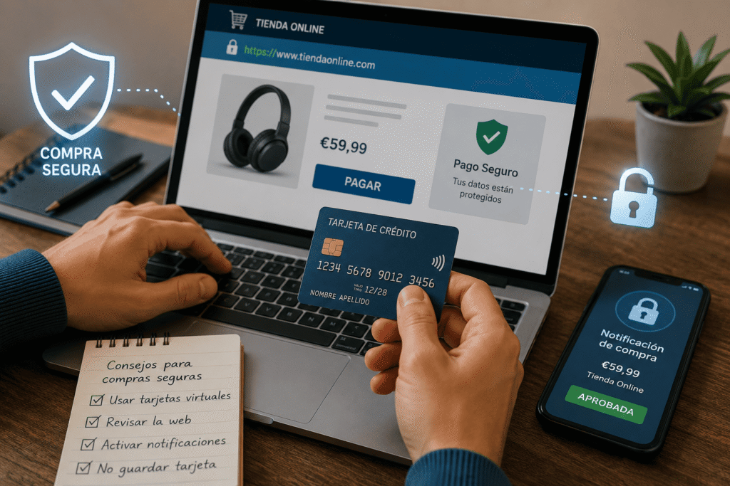 Persona comprando online con tarjeta de crédito segura desde un portátil con protección antifraude y notificaciones de pago.