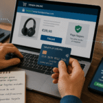 Persona comprando online con tarjeta de crédito segura desde un portátil con protección antifraude y notificaciones de pago.