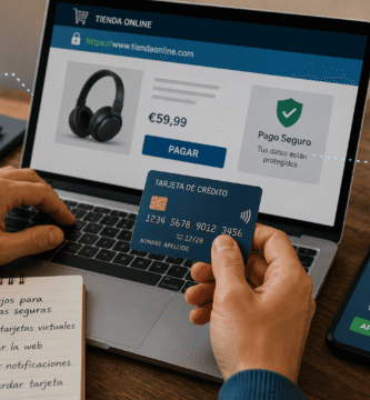 Persona comprando online con tarjeta de crédito segura desde un portátil con protección antifraude y notificaciones de pago.